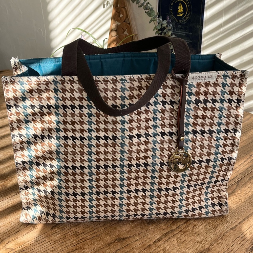 ◼️🟫◼️Market Tote by Spartina 449 Houndstooth and Teal collection Large Beauty▪️